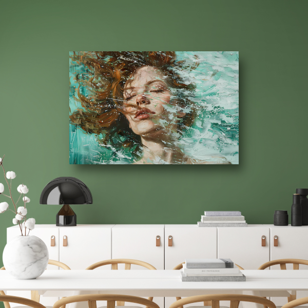 Dynamisch abstract portret in turquoise en bruin canvas met baklijst
