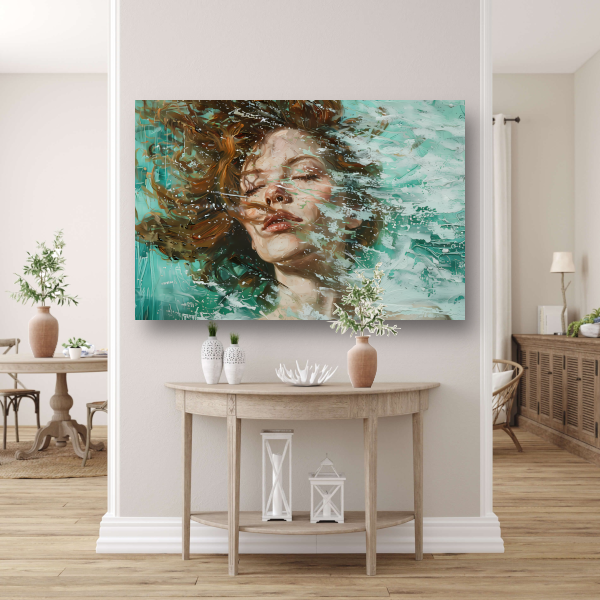 Dynamisch abstract portret in turquoise en bruin canvas met baklijst
