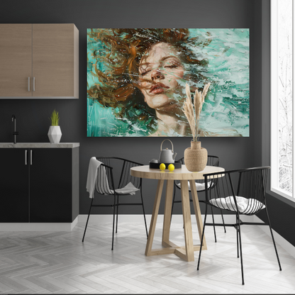 Dynamisch abstract portret in turquoise en bruin canvas met baklijst