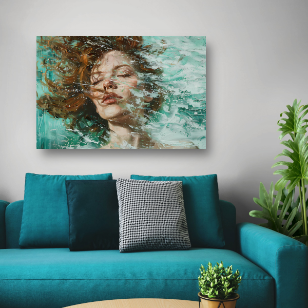 Dynamisch abstract portret in turquoise en bruin canvas met baklijst
