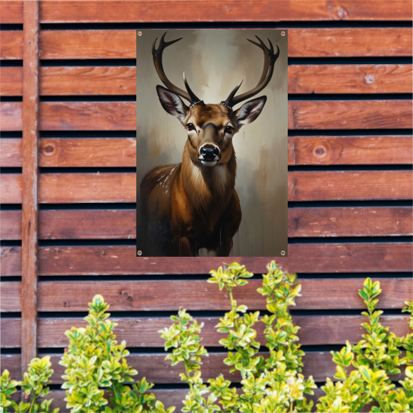 Majestueus hert met imposant gewei in olie tuinposter