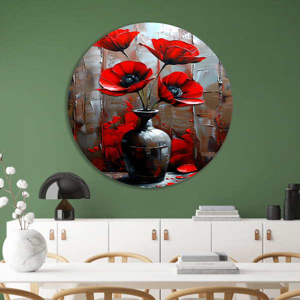Moderne Rode Bloemen in Stijlvolle Zwarte Vaas aluminium muurcirkel
