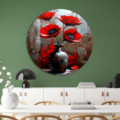 Moderne Rode Bloemen in Stijlvolle Zwarte Vaas aluminium muurcirkel
