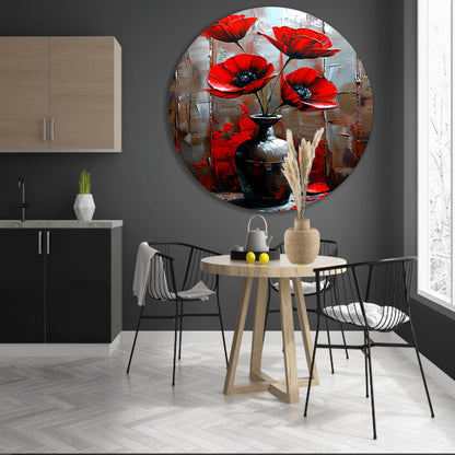 Moderne Rode Bloemen in Stijlvolle Zwarte Vaas aluminium muurcirkel
