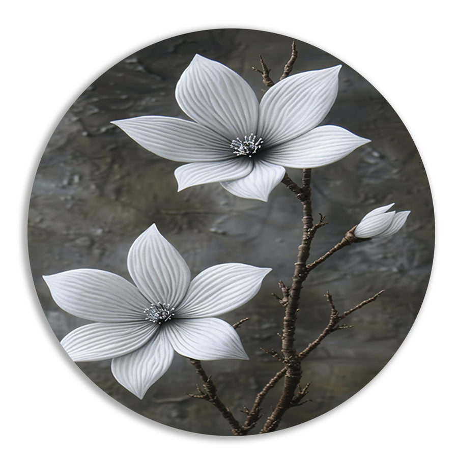 Elegante witte bloemen op subtiele grijze achtergrond aluminium muurcirkel