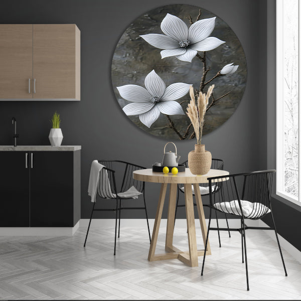Elegante witte bloemen op subtiele grijze achtergrond forex muurcirkel