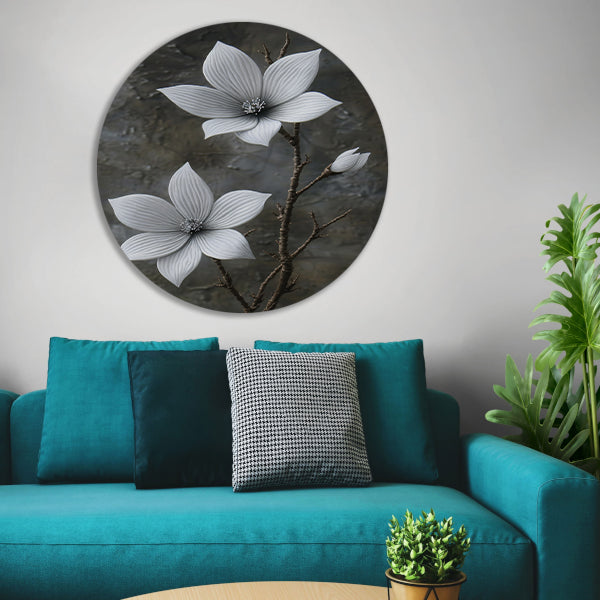 Elegante witte bloemen op subtiele grijze achtergrond forex muurcirkel