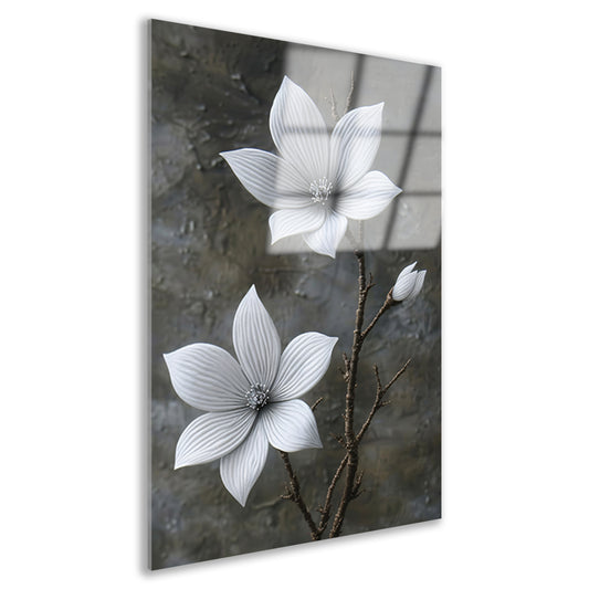 Elegante witte bloemen op subtiele grijze achtergrond acrylglas