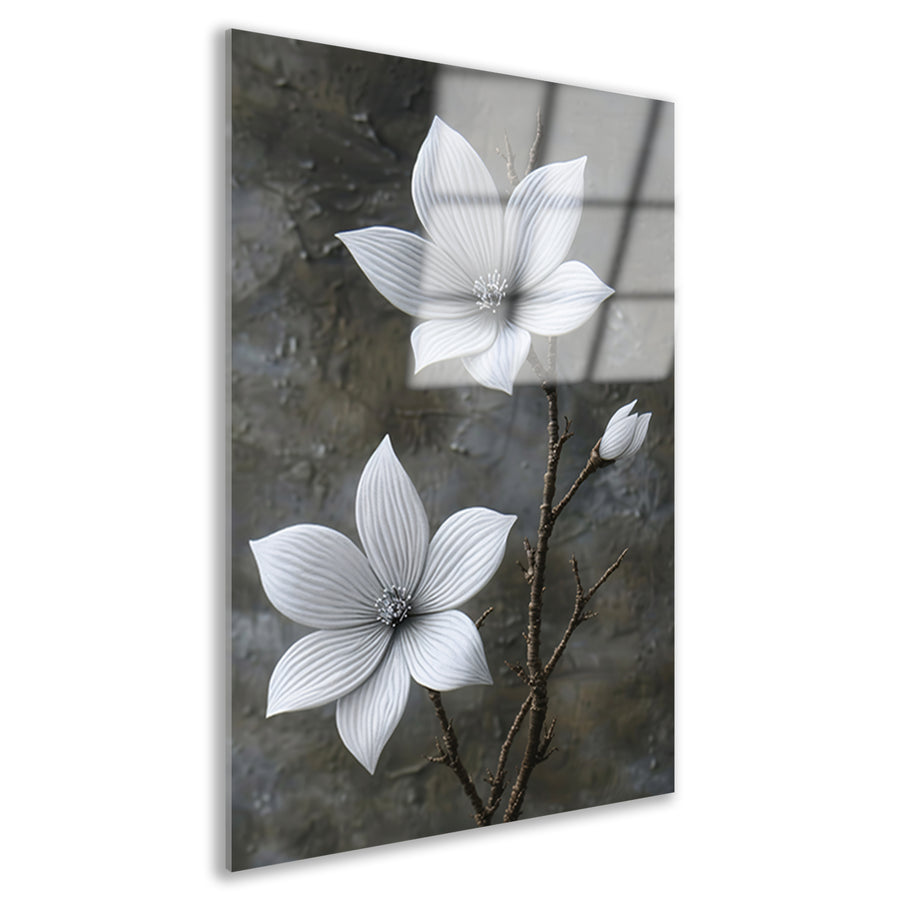 Elegante witte bloemen op subtiele grijze achtergrond acrylglas