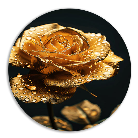 Prachtige gouden roos met reflecterende waterdruppels aluminium muurcirkel