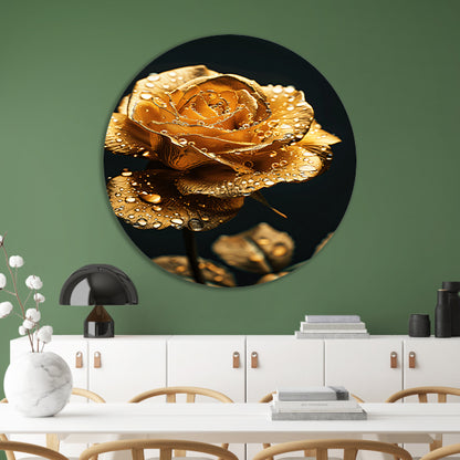 Prachtige gouden roos met reflecterende waterdruppels aluminium muurcirkel