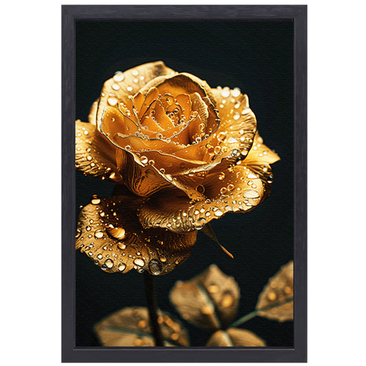 Prachtige gouden roos met reflecterende waterdruppels canvas met baklijst