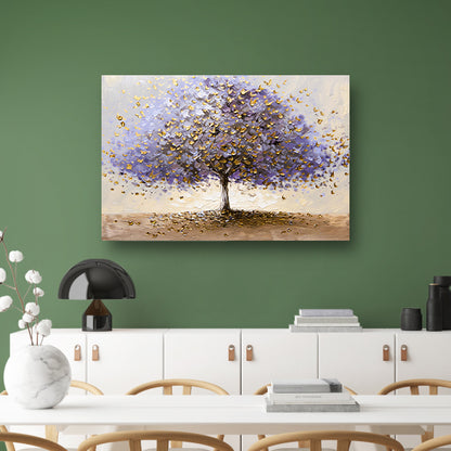 Abstracte boom met paarse en gouden bladeren canvas met baklijst