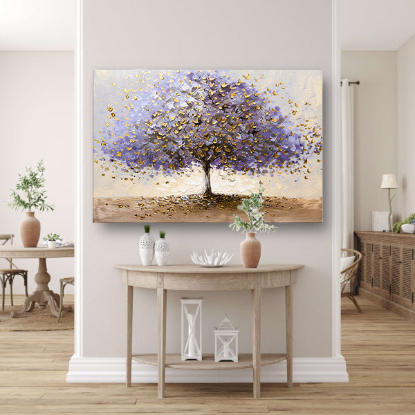 Abstracte boom met paarse en gouden bladeren poster