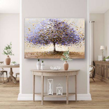 Abstracte boom met paarse en gouden bladeren canvas met baklijst