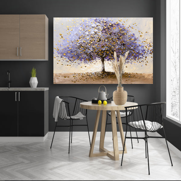 Abstracte boom met paarse en gouden bladeren poster