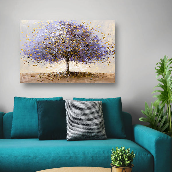 Abstracte boom met paarse en gouden bladeren canvas met baklijst