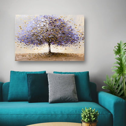 Abstracte boom met paarse en gouden bladeren canvas met baklijst