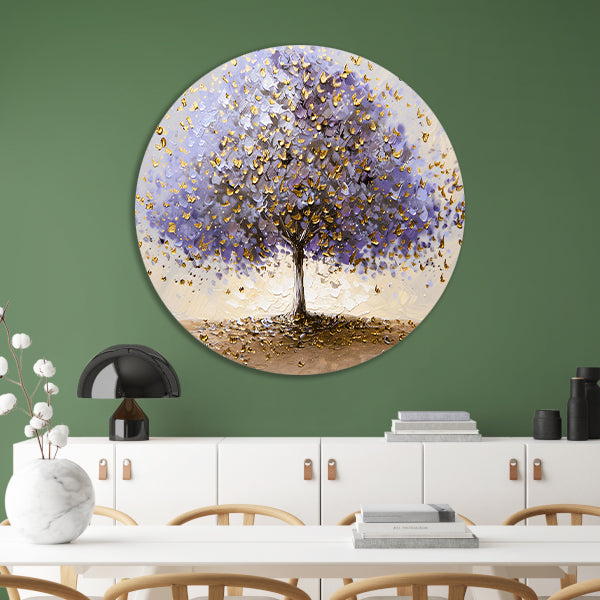 Abstracte boom met paarse en gouden bladeren aluminium muurcirkel