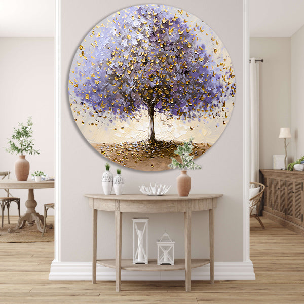 Abstracte boom met paarse en gouden bladeren aluminium muurcirkel