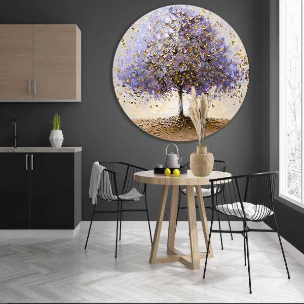 Abstracte boom met paarse en gouden bladeren aluminium muurcirkel