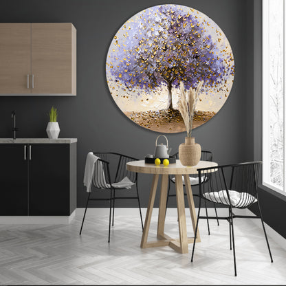 Abstracte boom met paarse en gouden bladeren aluminium muurcirkel