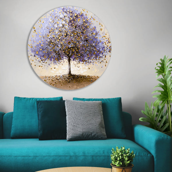 Abstracte boom met paarse en gouden bladeren aluminium muurcirkel
