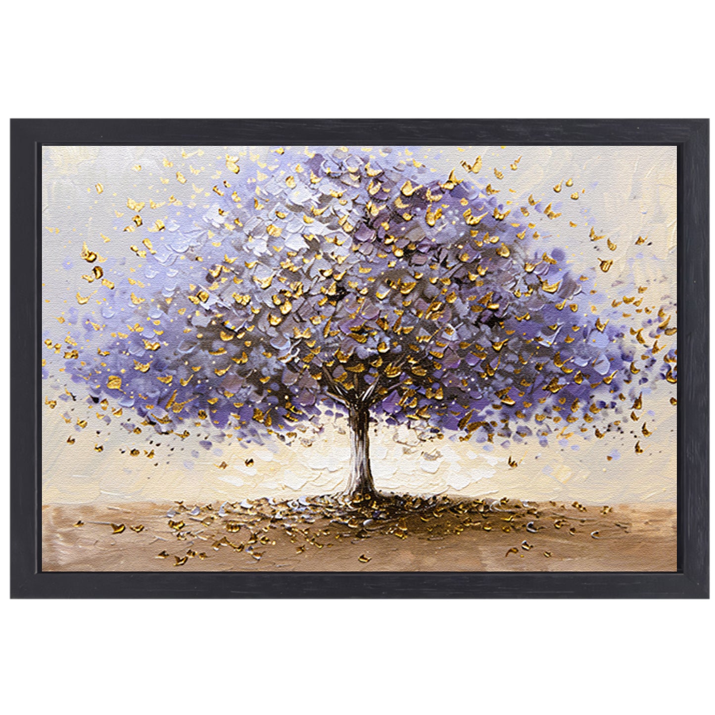 Abstracte boom met paarse en gouden bladeren canvas met baklijst