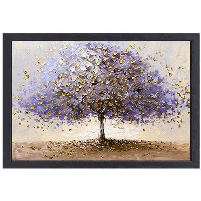 Abstracte boom met paarse en gouden bladeren canvas met baklijst