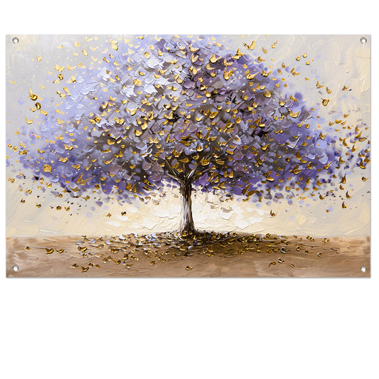 Abstracte boom met paarse en gouden bladeren tuinposter