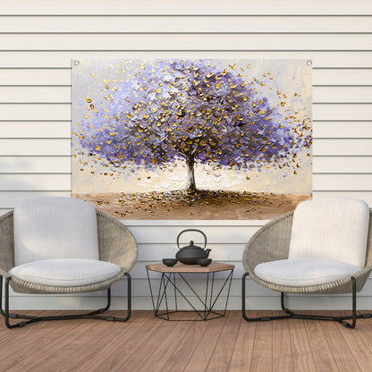 Abstracte boom met paarse en gouden bladeren tuinposter