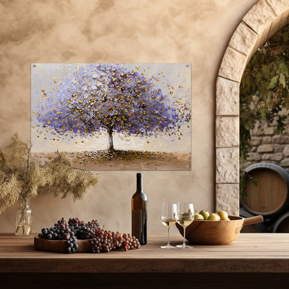 Abstracte boom met paarse en gouden bladeren tuinposter