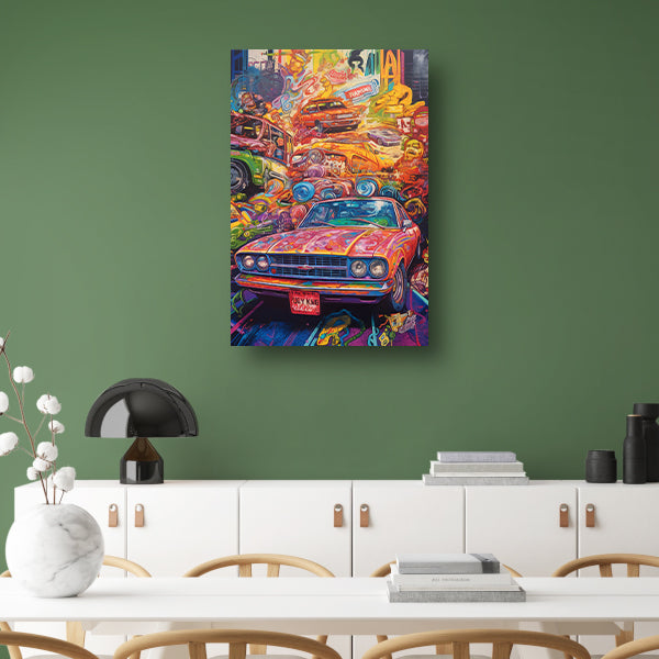 Abstracte auto in kleurrijk landschap canvas