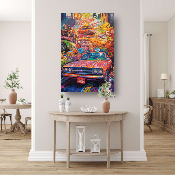 Abstracte auto in kleurrijk landschap Acrylglas
