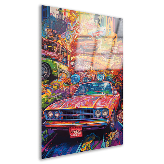 Abstracte auto in kleurrijk landschap Acrylglas