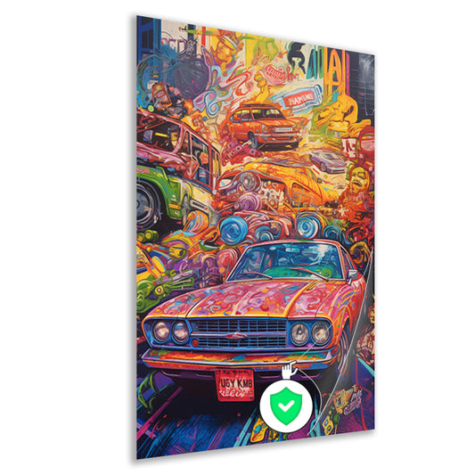 Abstracte auto in kleurrijk landschap poster