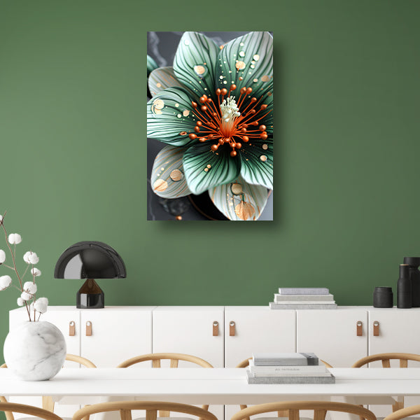 Gedetailleerde bloem in groen en oranje canvas