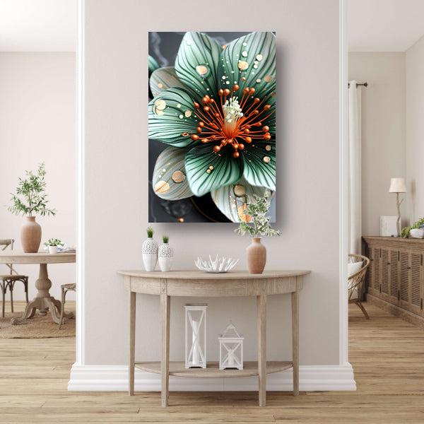 Gedetailleerde bloem in groen en oranje canvas