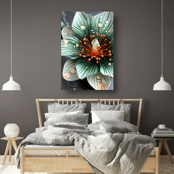 Gedetailleerde bloem in groen en oranje canvas