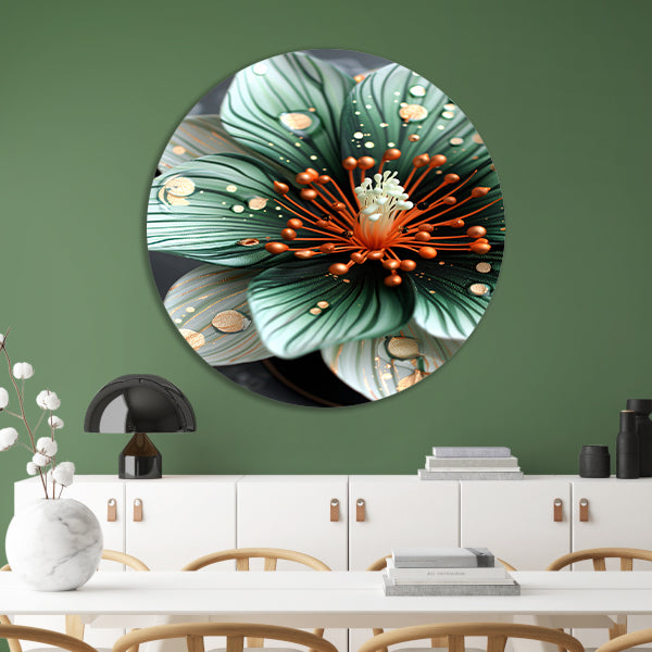 Gedetailleerde bloem in groen en oranje aluminium muurcirkel