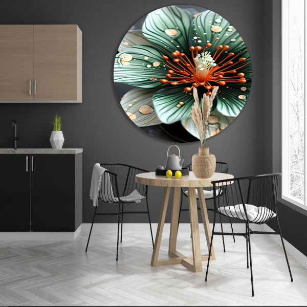 Gedetailleerde bloem in groen en oranje aluminium muurcirkel