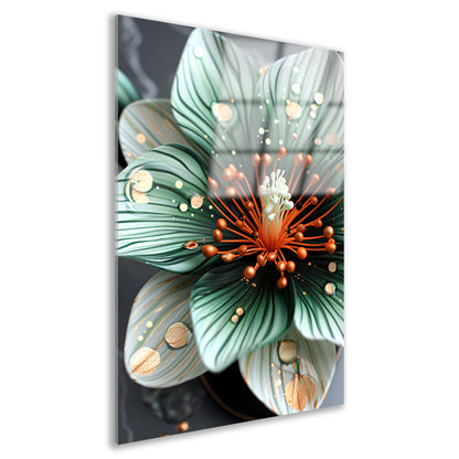 Gedetailleerde bloem in groen en oranje acrylglas