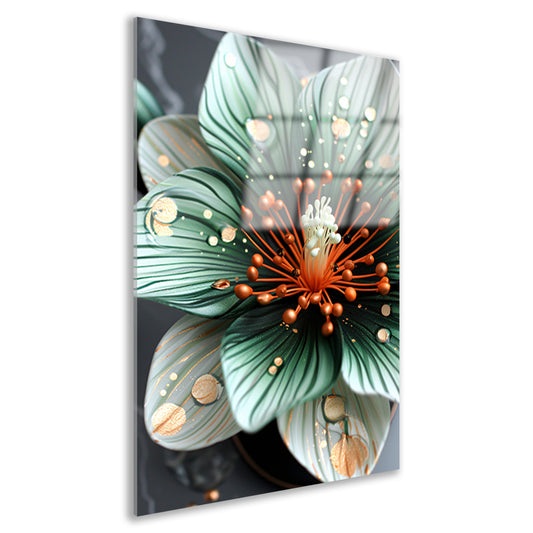 Gedetailleerde bloem in groen en oranje acrylglas