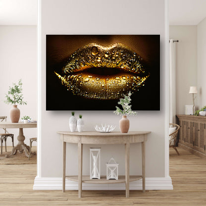 Gouden Glitters en Druppels op Donkere Lippen poster