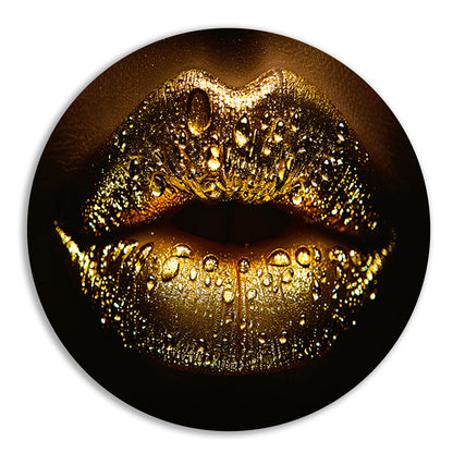 Gouden Glitters en Druppels op Donkere Lippen aluminium muurcirkel