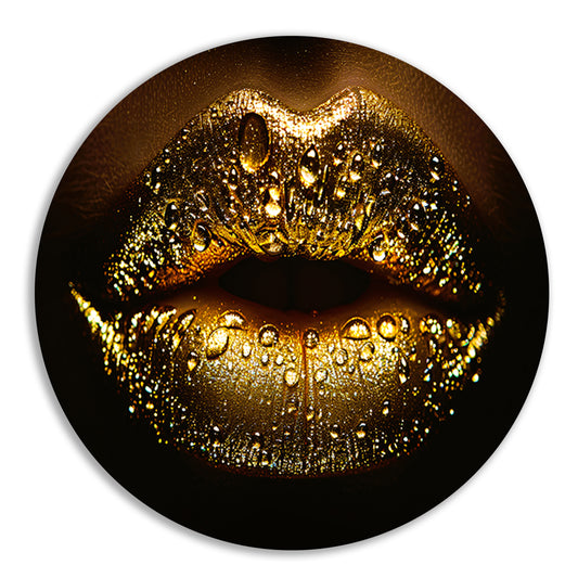 Gouden Glitters en Druppels op Donkere Lippen aluminium muurcirkel