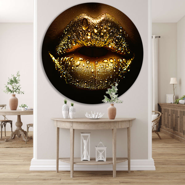 Gouden Glitters en Druppels op Donkere Lippen aluminium muurcirkel