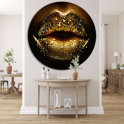Gouden Glitters en Druppels op Donkere Lippen aluminium muurcirkel
