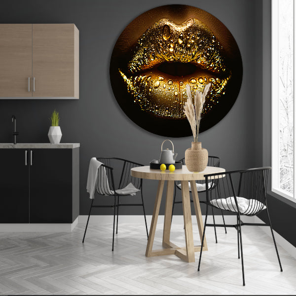 Gouden Glitters en Druppels op Donkere Lippen aluminium muurcirkel