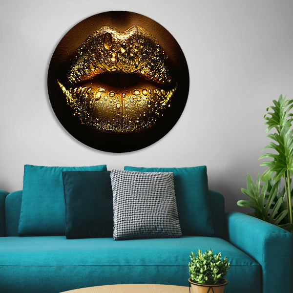 Gouden Glitters en Druppels op Donkere Lippen aluminium muurcirkel
